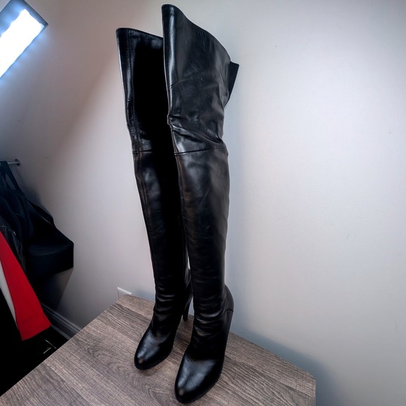 Colin Stuart Black Leather Stiletto Heel Thigh High Boots Womens Size 7.5B - Picture 2 of 8